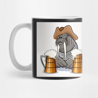 Humorous illustration of walrus with mugs full of beer. Mug